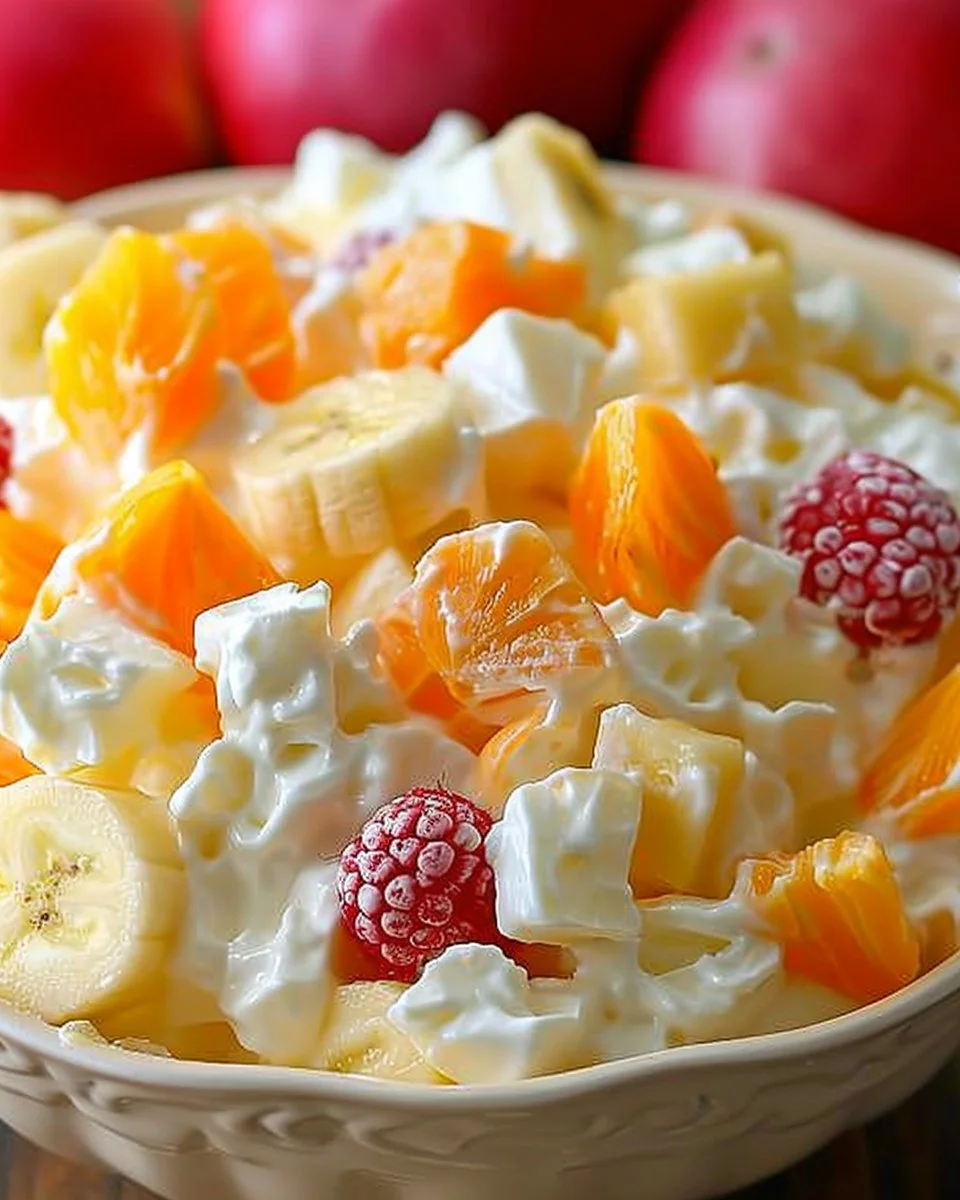 Hawaiian Fruit Salad topped with Cool Whip in a colorful bowl