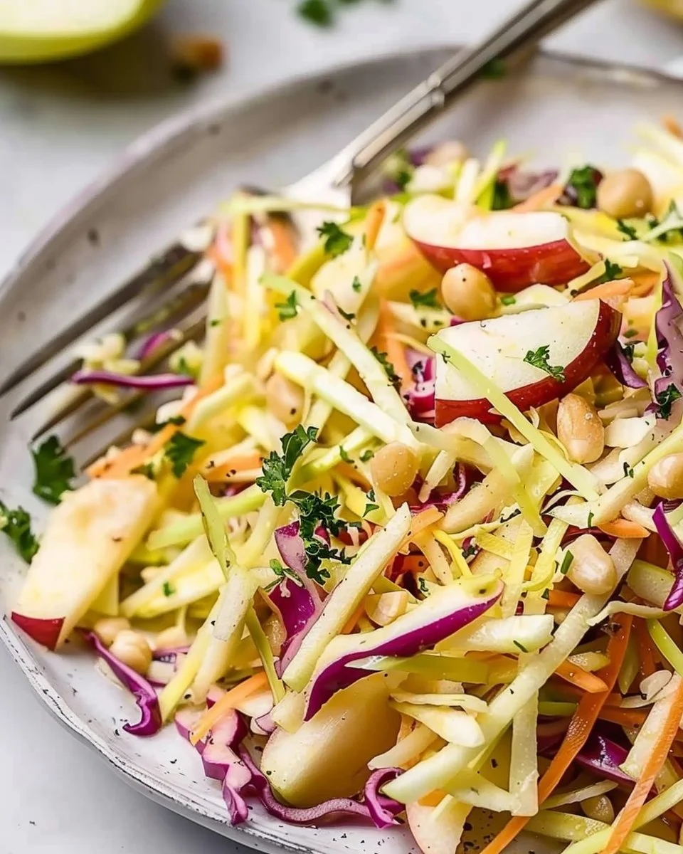 Fresh and crunchy apple slaw served in a bowl with colorful ingredients.
