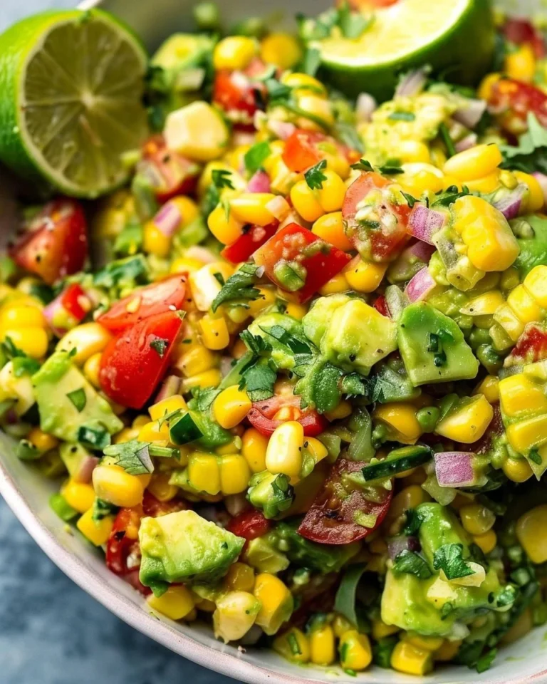 Avocado corn salad with honey-lime dressing served on a white plate