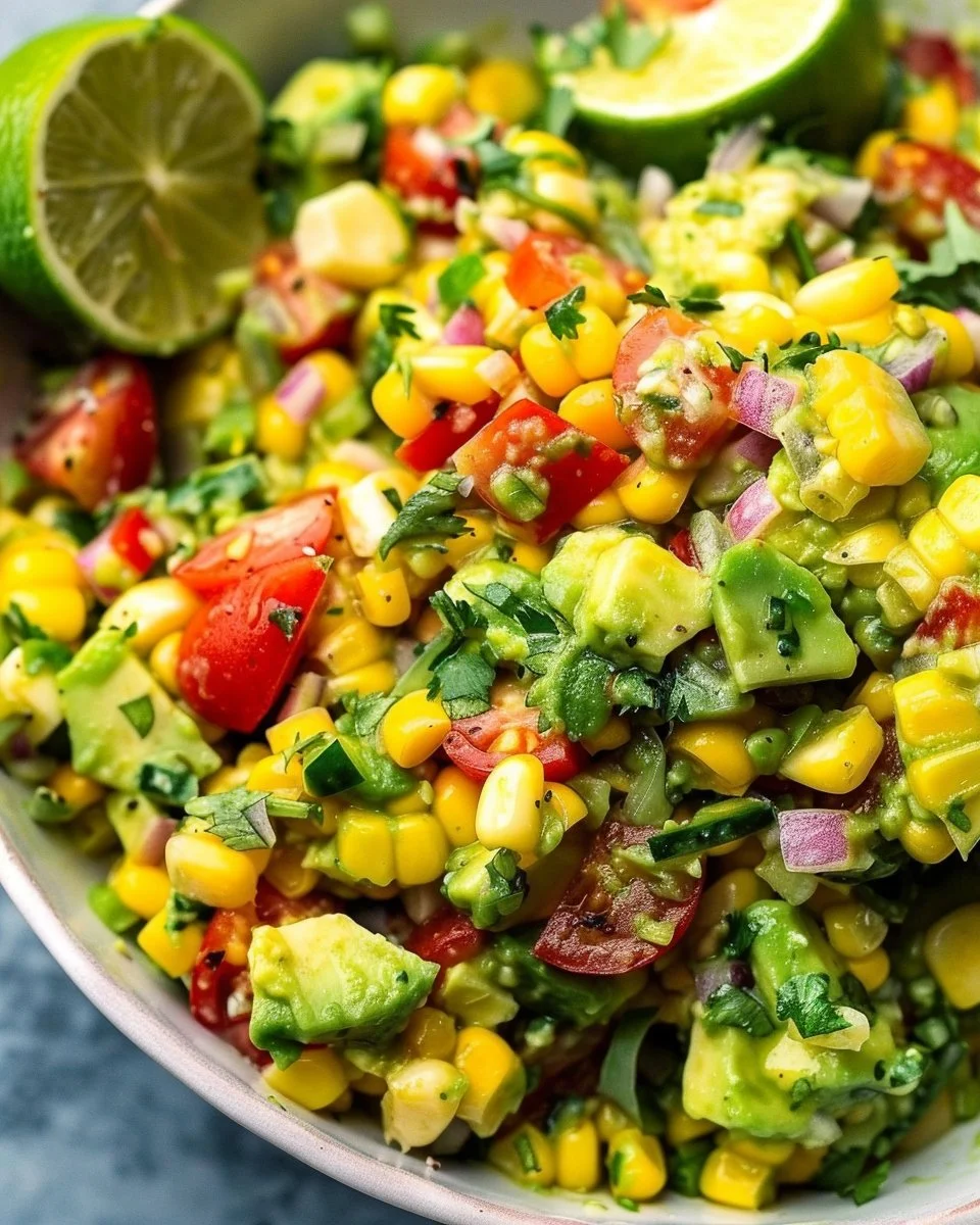 Avocado corn salad with honey-lime dressing served on a white plate