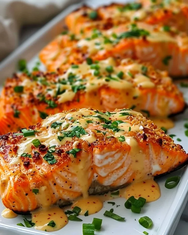 Baked Bang Bang Salmon served on a plate with garnishes
