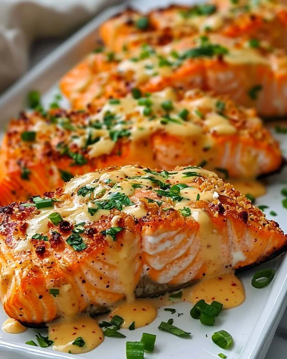 Baked Bang Bang Salmon served on a plate with garnishes