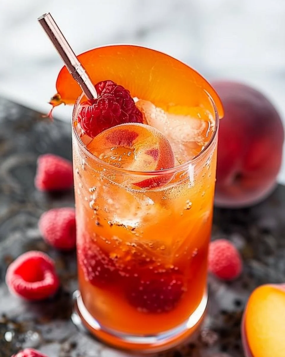 Bellini peach raspberry iced tea in a glass with fresh raspberries and peaches.