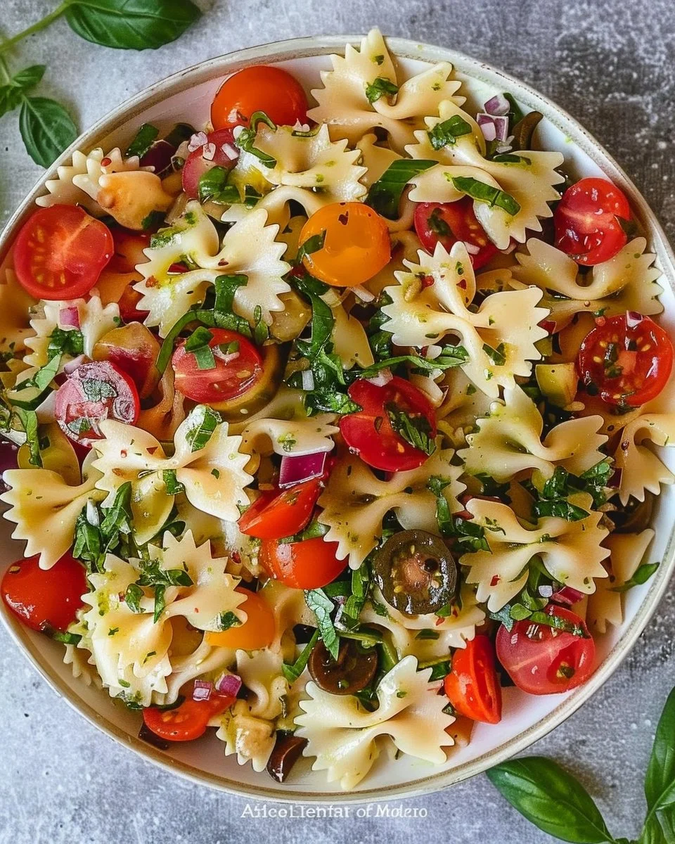 Bow Tie Pasta Salad with vibrant vegetables and dressing in a bowl