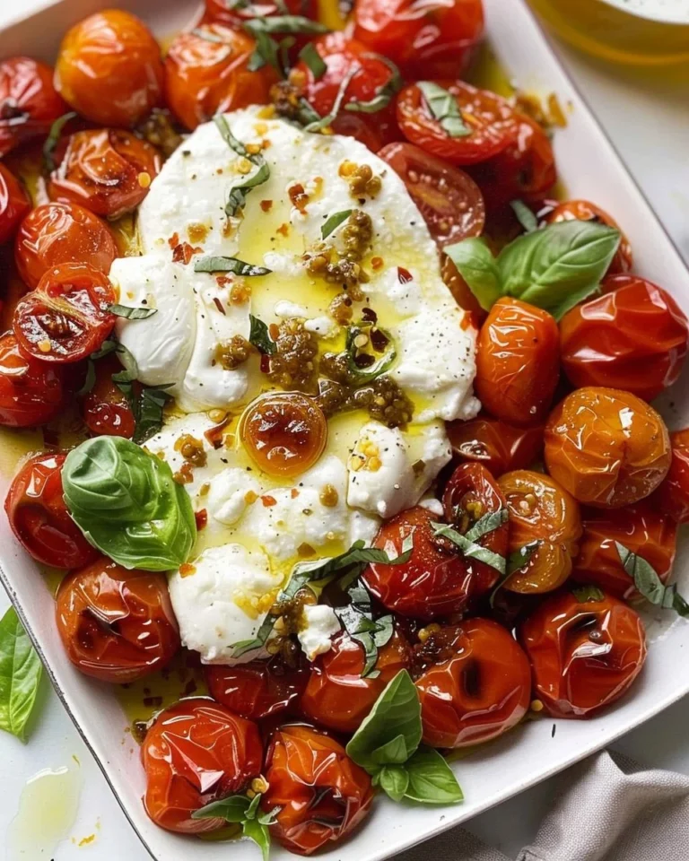 Creamy burrata served with roasted tomatoes on a rustic plate.