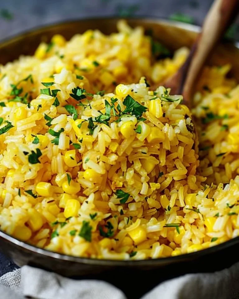 Plate of buttered corn rice garnished with herbs