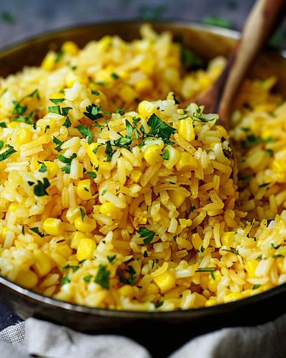 Plate of buttered corn rice garnished with herbs