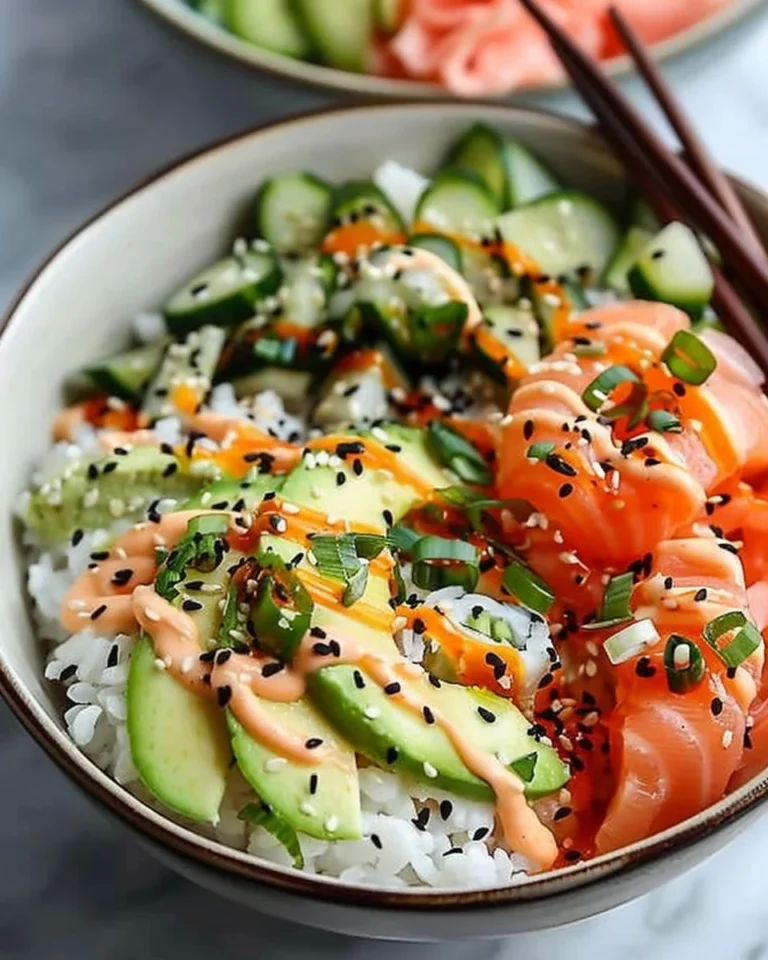 Delicious California Roll Sushi Bowl with crab, avocado, and cucumber ingredients.