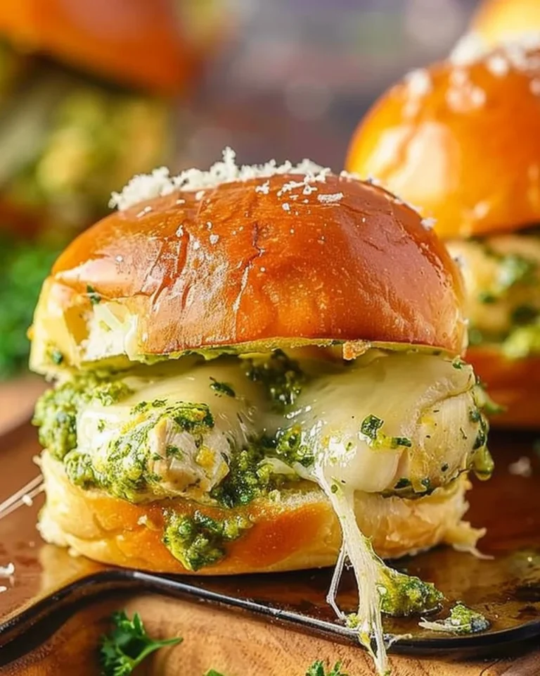 Cheesy garlic pesto chicken sliders served on a platter with fresh toppings.