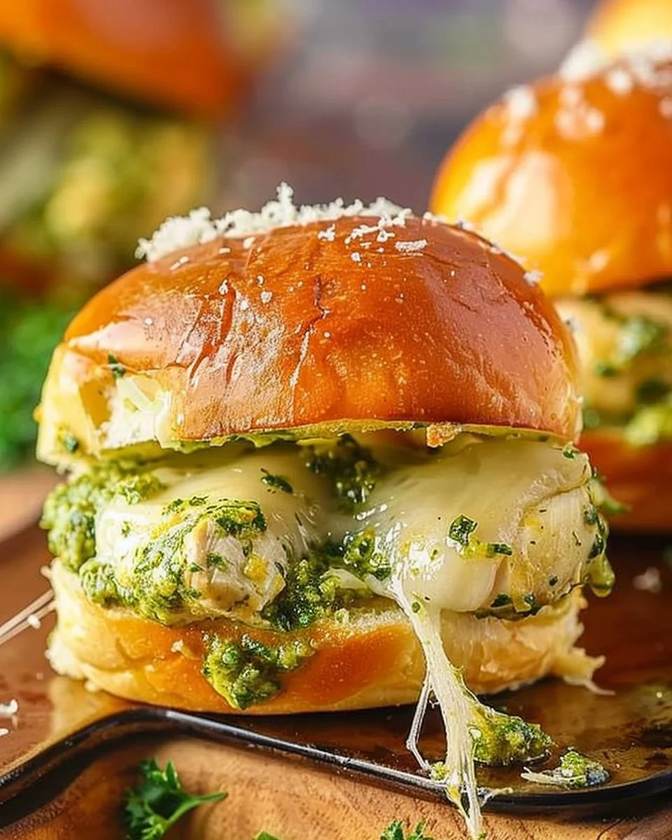 Cheesy garlic pesto chicken sliders served on a platter with fresh toppings.