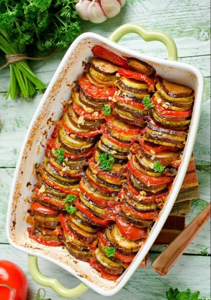 Classic Provencal Ratatouille with fresh vegetables and herbs