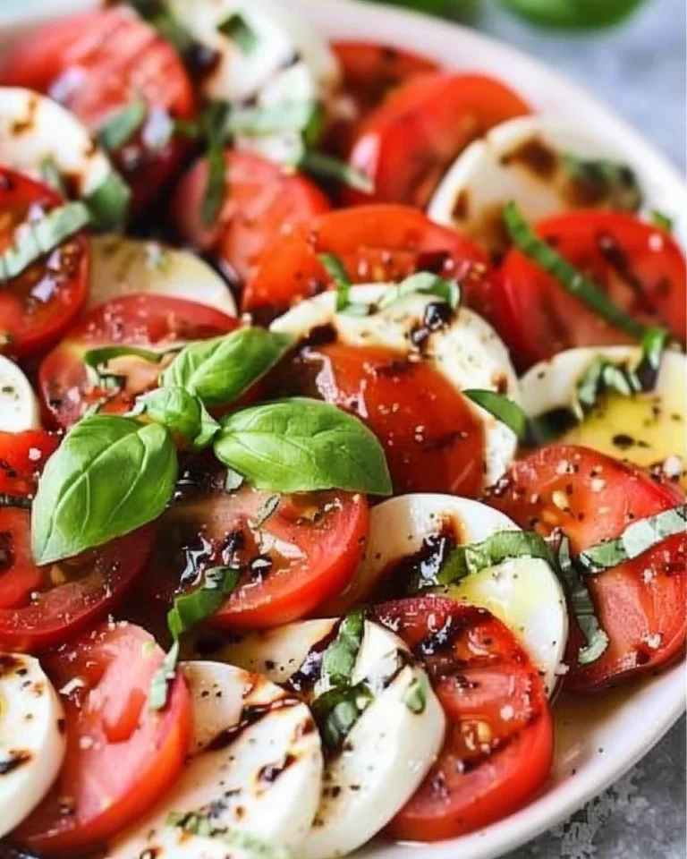Fresh Caprese Salad with tomatoes, mozzarella, and basil served on a white plate