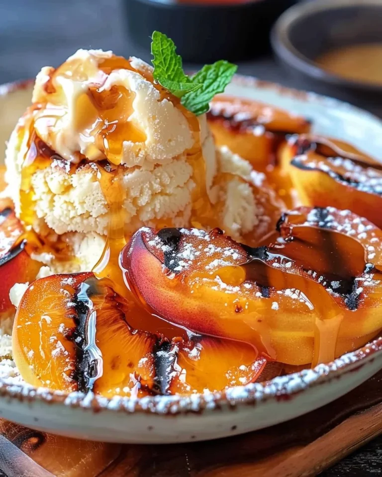 Grilled peach dessert topped with vanilla ice cream and mint leaves