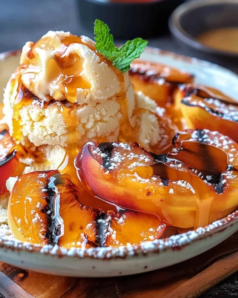 Grilled peach dessert topped with vanilla ice cream and mint leaves