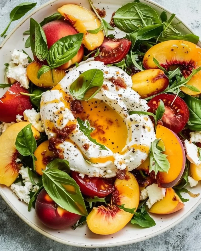 Fresh Peach Burrata Salad with vibrant peaches and creamy cheese