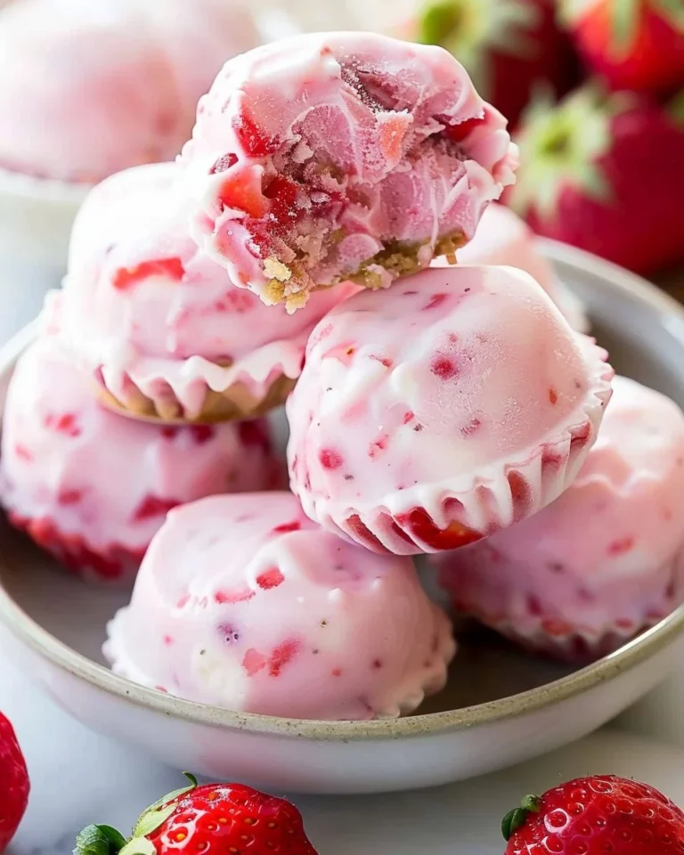 Delicious frozen strawberry yogurt bites served in a bowl