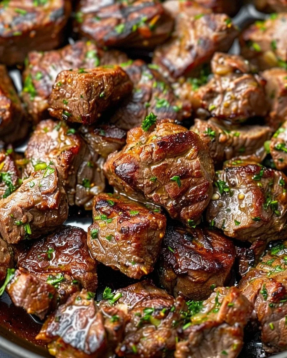 Delicious garlic butter steak bites served in a skillet