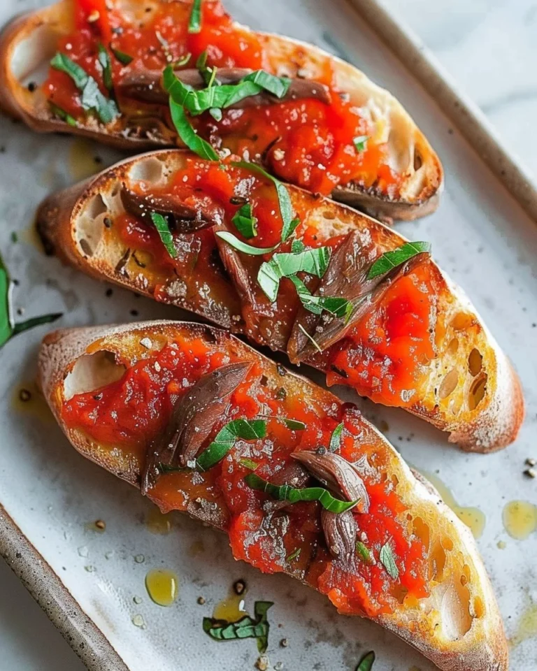 Garlic confit toast topped with tomatoes and anchovies on a rustic wooden board.