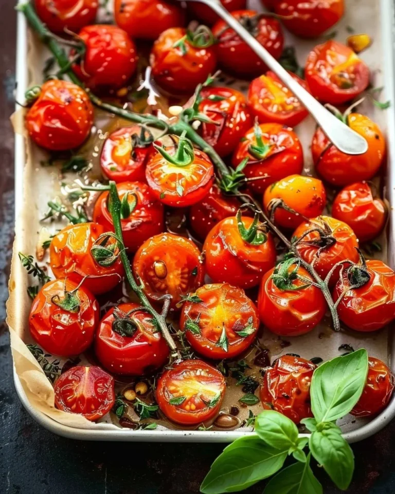 Plate of garlic roasted cherry tomatoes with herbs and spices