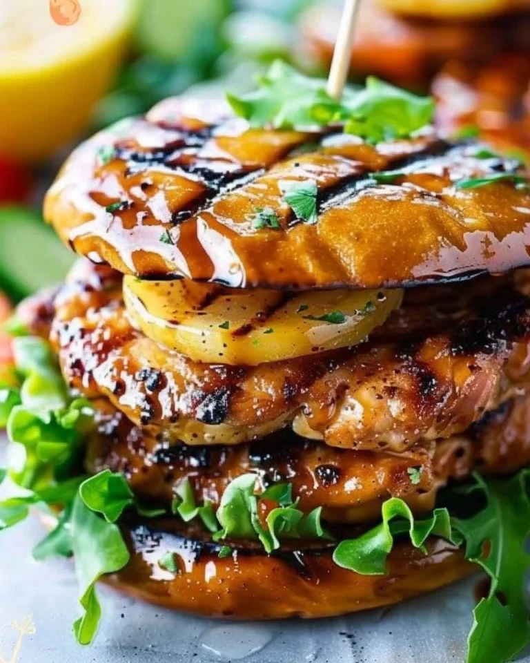 Hawaiian-style grilled chicken burgers with pineapple and teriyaki sauce