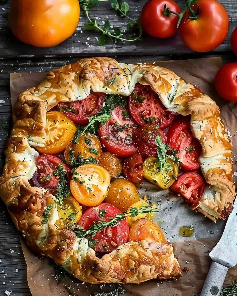 Heirloom tomato galette showcasing vibrant tomatoes in a flaky crust