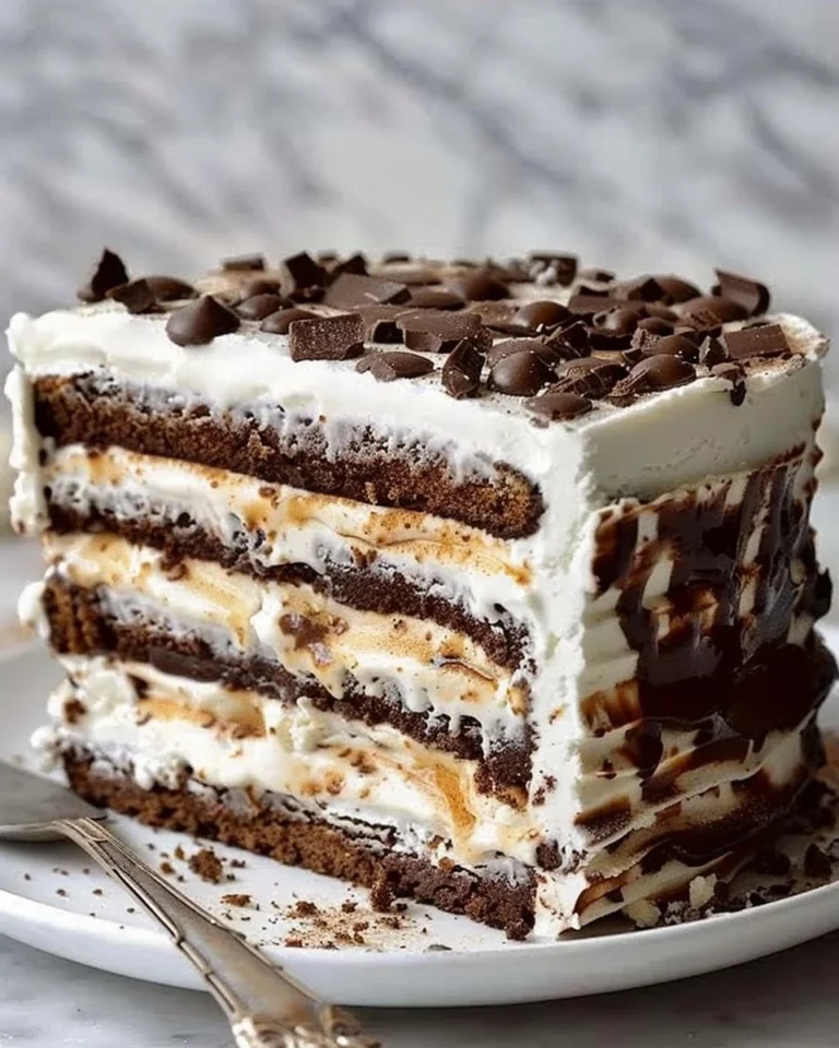 Delicious ice cream sandwich cake served on a plate with colorful sprinkles