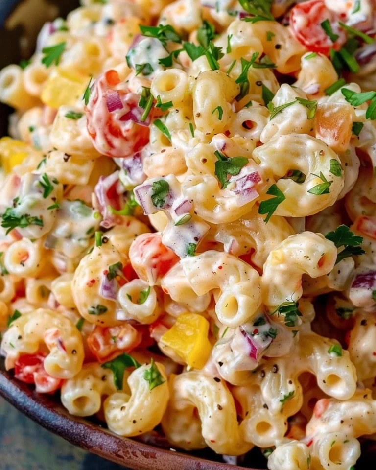 Colorful bowl of Mexican macaroni salad with fresh veggies and spices