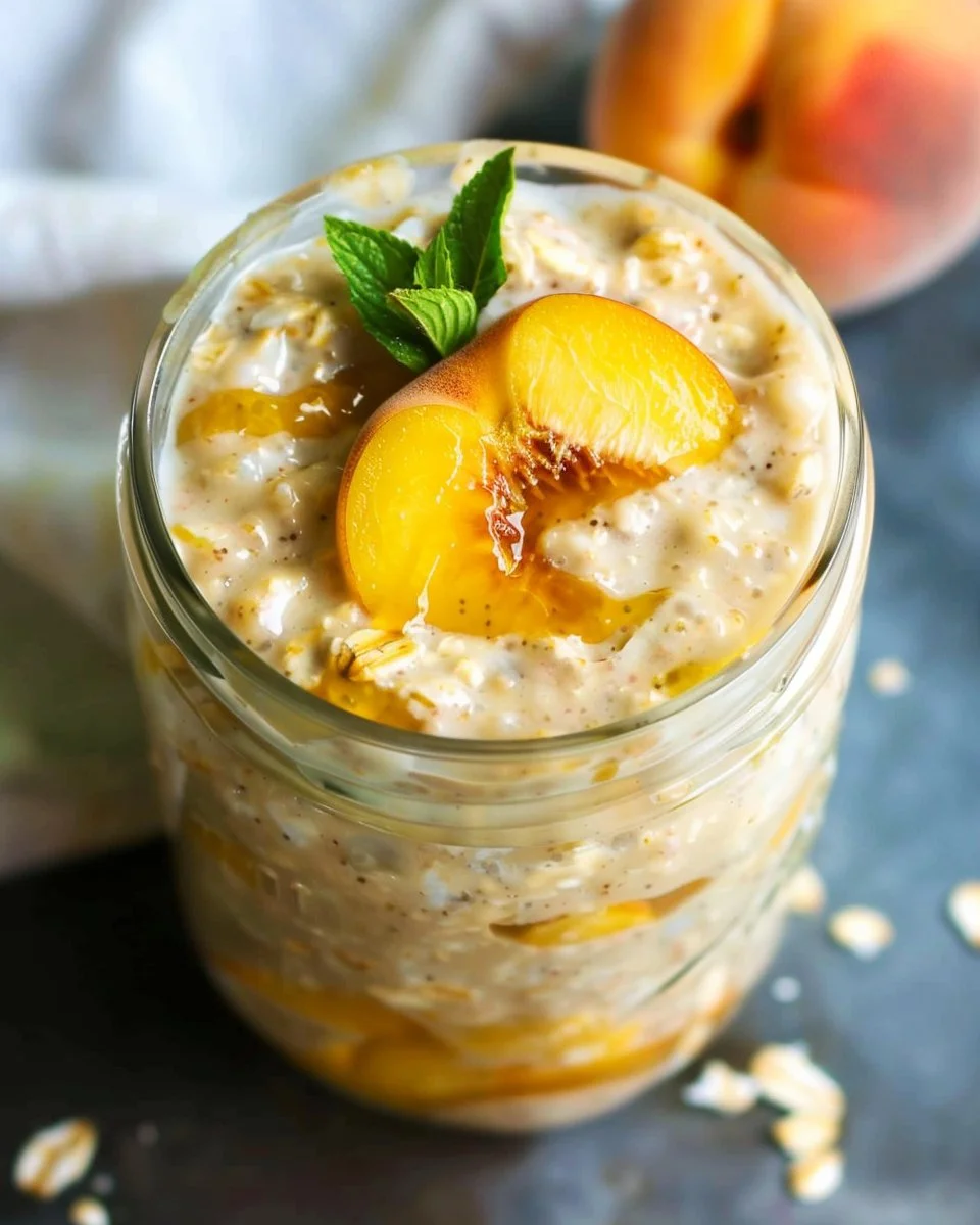 Bowl of peach overnight oats topped with fresh fruit and nuts