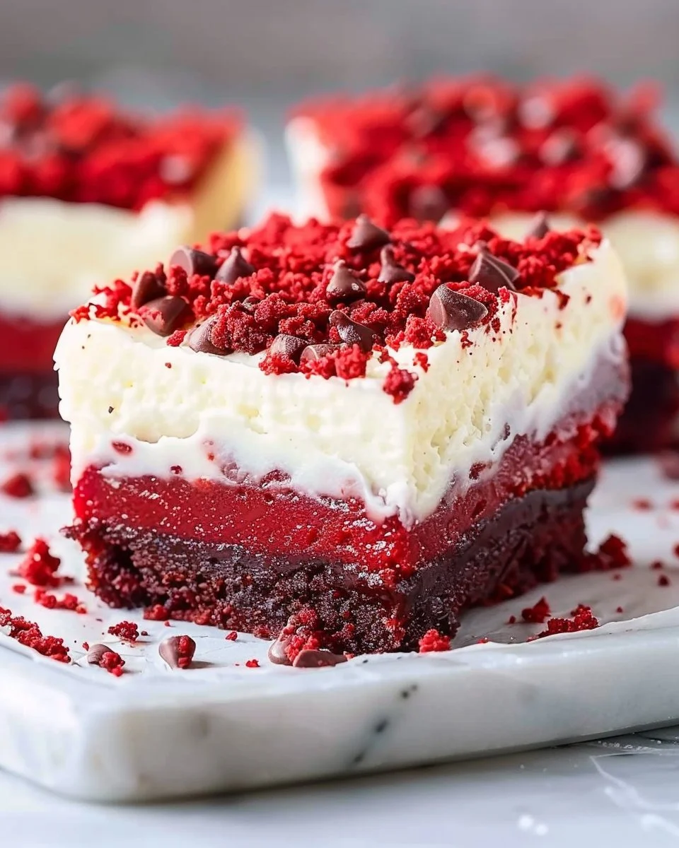 Delicious Red Velvet Cookie Bars with cream cheese frosting