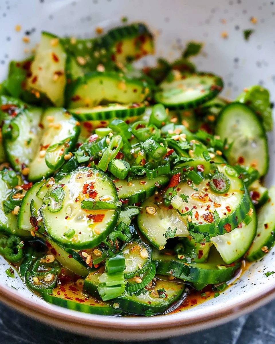 Sichuan-Style Spicy Cold Smashed Cucumber Salad served in a bowl