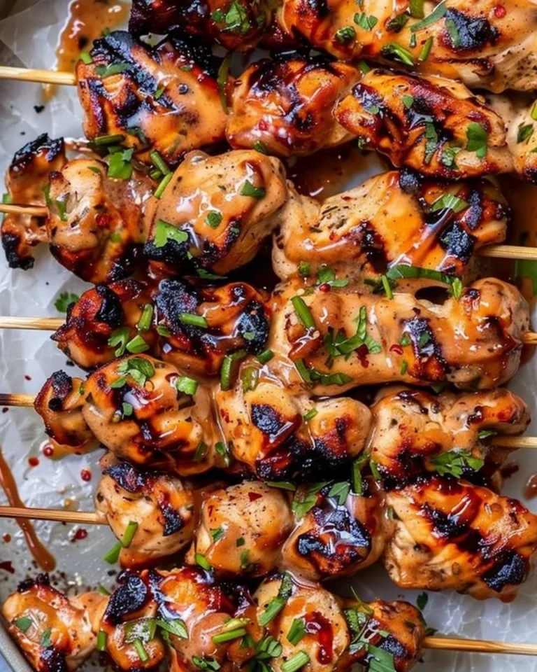 Skewered chicken with Bang Bang sauce on a plate