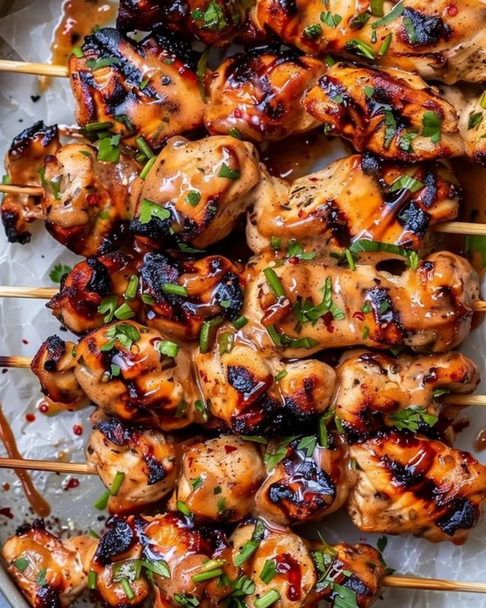 Skewered chicken with Bang Bang sauce on a plate