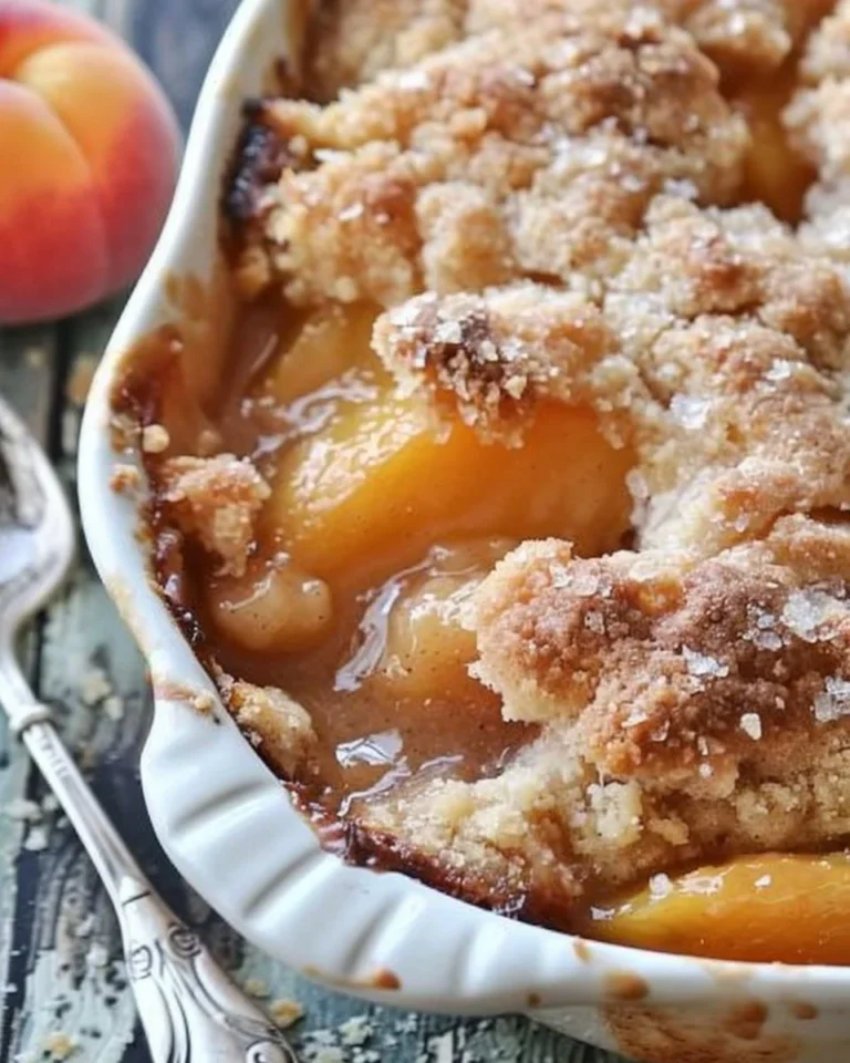 Delicious Southern Peach Cobbler topped with flaky crust and fresh peaches