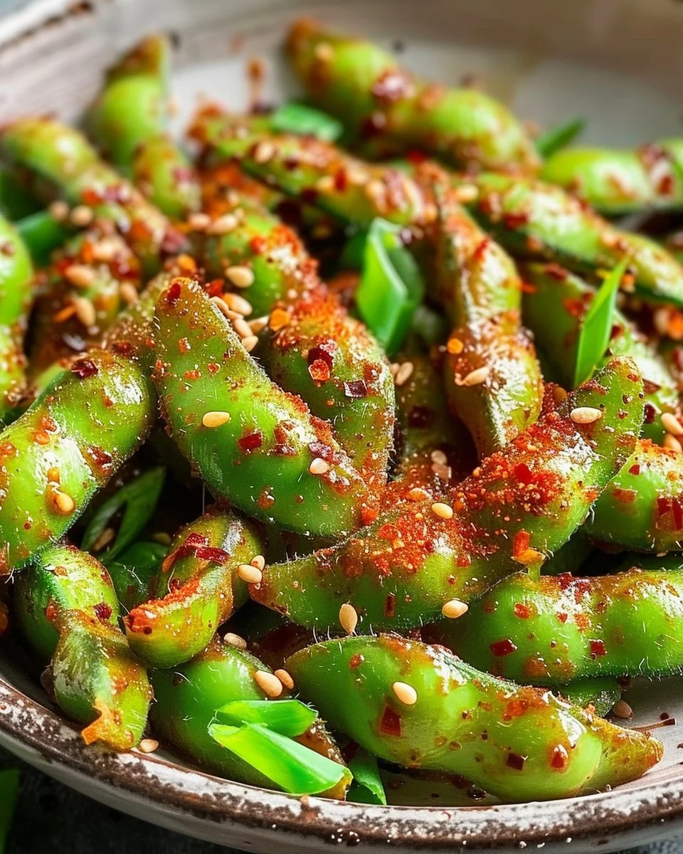 Bowl of spicy edamame with chili lime seasoning.