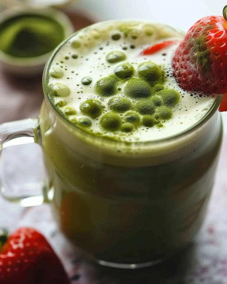 Strawberry Matcha Latte topped with fresh strawberries and matcha powder