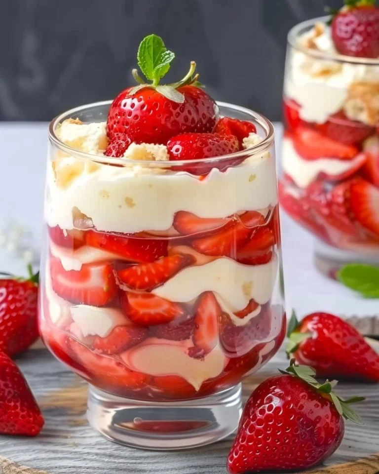 Creamy Strawberry Shortcake Pudding topped with fresh strawberries and whipped cream.