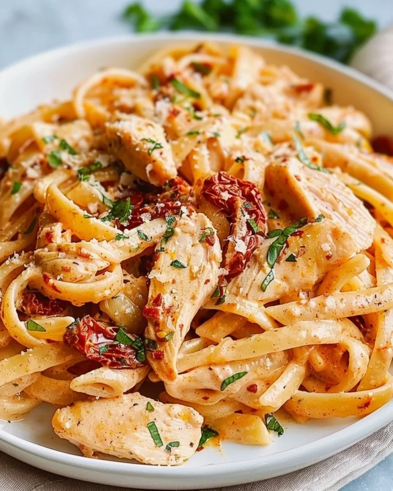 Sun-dried tomato pasta dish with chicken and mozzarella served in a bowl