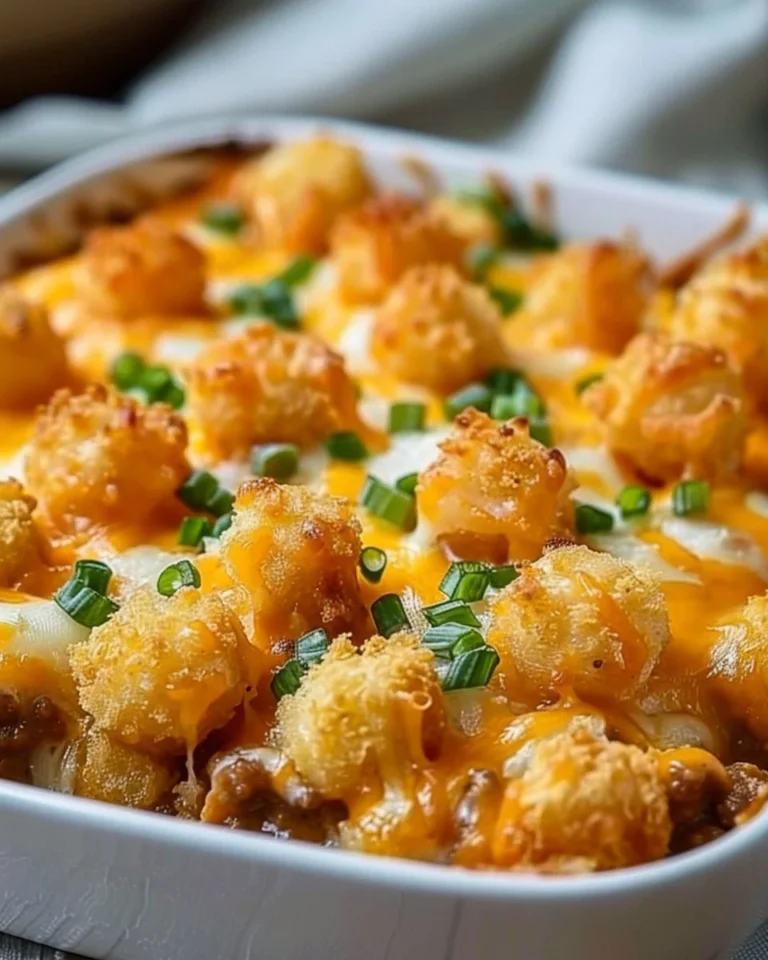 Delicious baked tater tot casserole topped with melted cheese and savory ingredients.