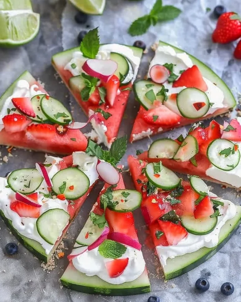 Delicious Watermelon Pizza topped with fresh fruits and mint leaves