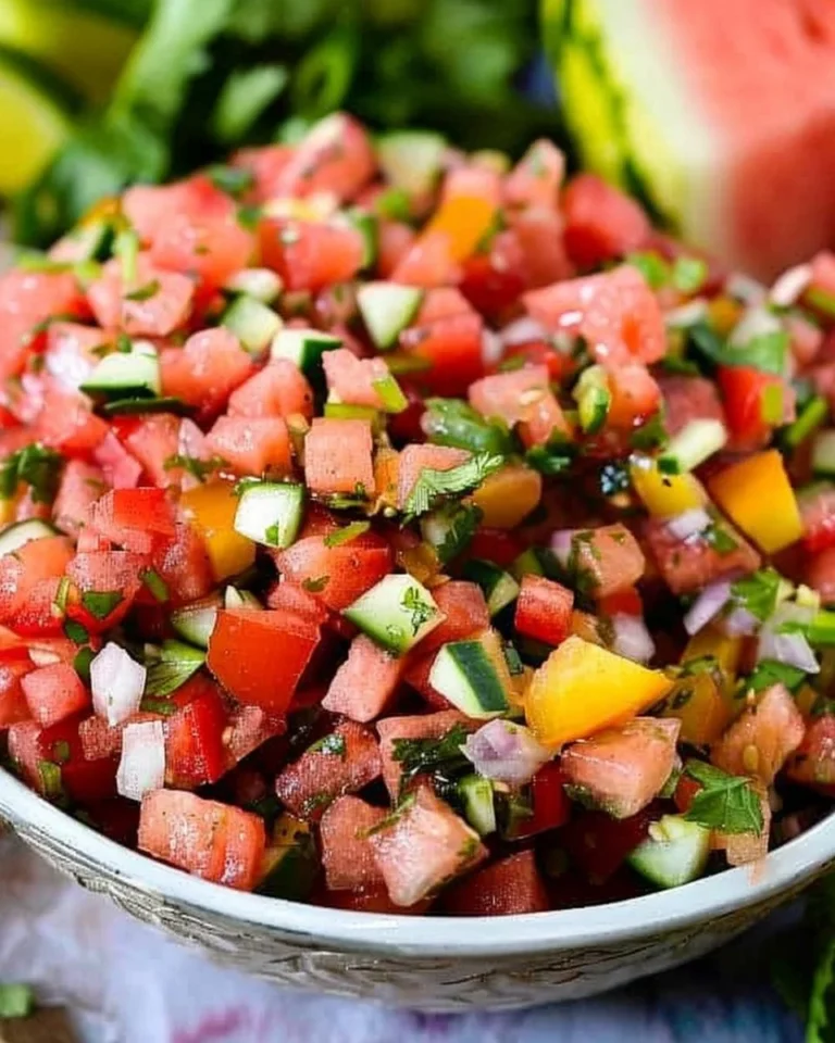 Delicious watermelon salsa in a bowl with fresh ingredients