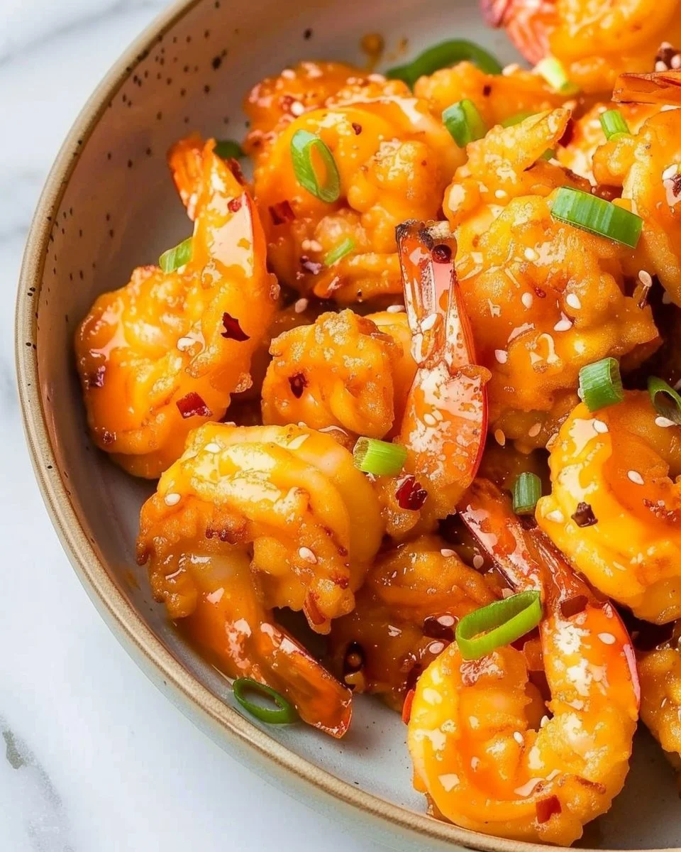 Plate of crispy Air Fryer Bang Bang Shrimp garnished with green onions