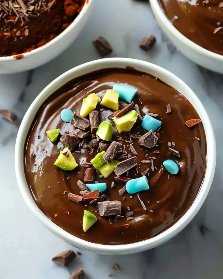 Bowl of creamy avocado chocolate pudding topped with berries