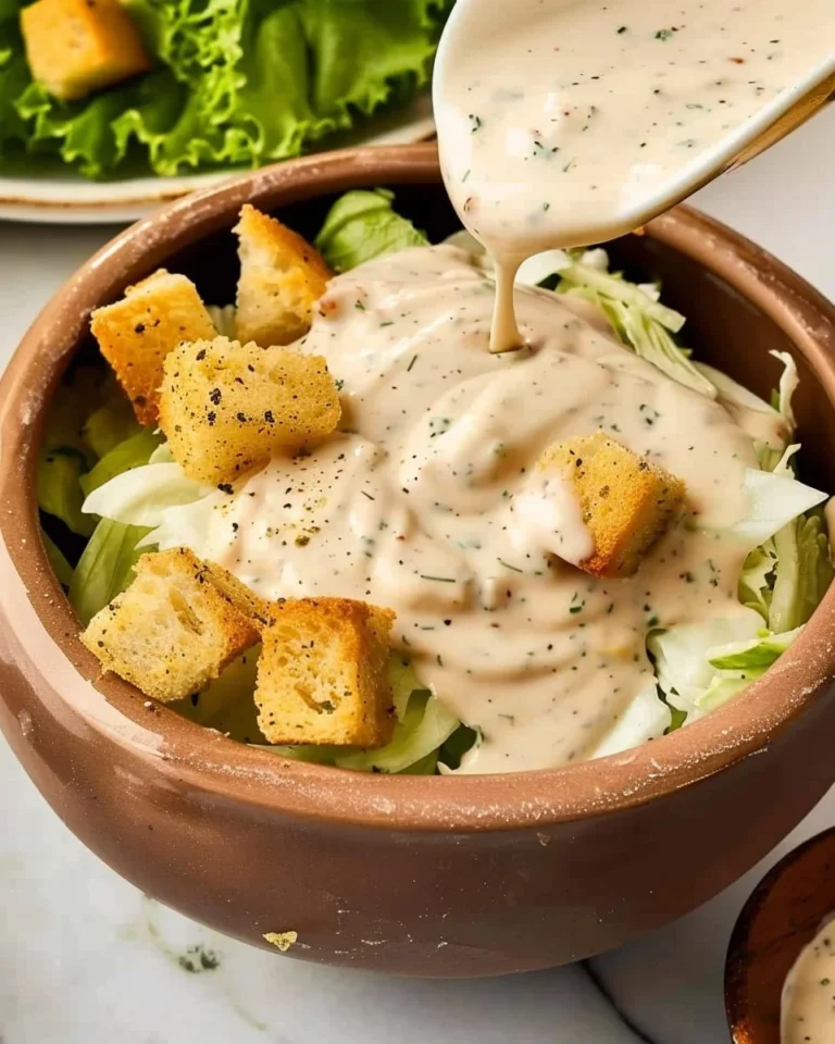Delicious high-protein Caesar dressing drizzled over a fresh salad.