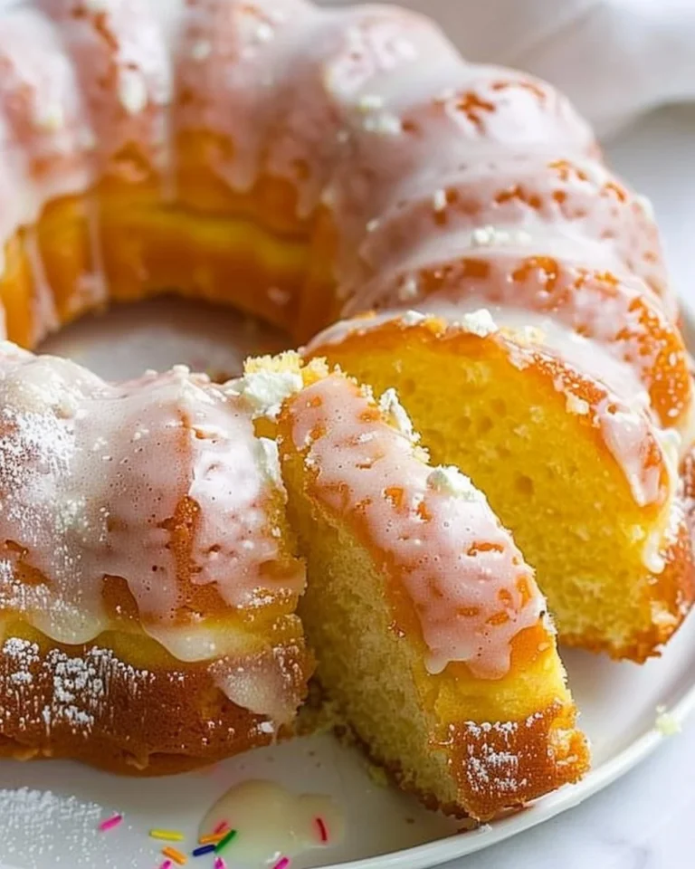 Buttermilk Glazed Donut Cake topped with shiny glaze and colorful sprinkles