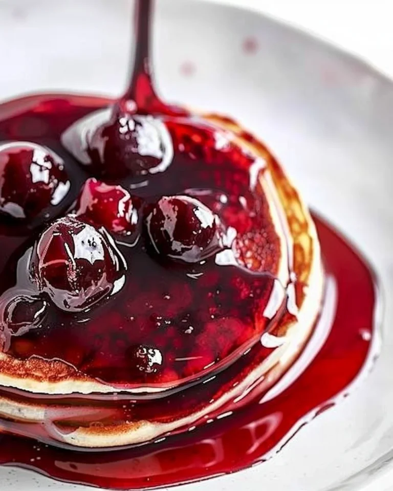 Bottle of cherry syrup beside fluffy pancakes on a plate