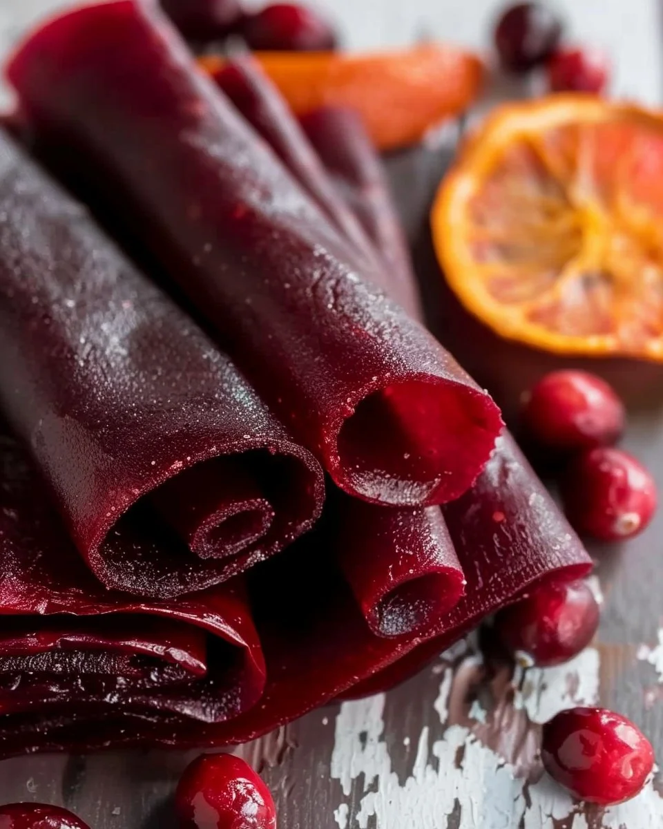 Homemade cranberry orange fruit leather slices on a wooden board