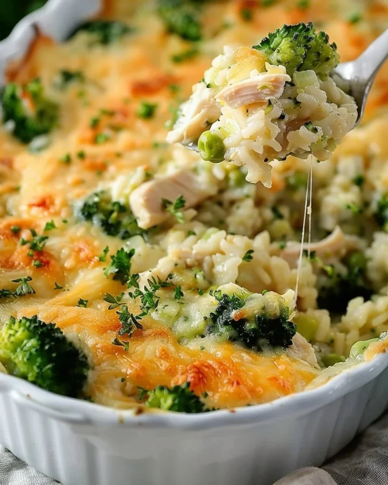 Creamy chicken broccoli rice casserole topped with cheese in a baking dish.