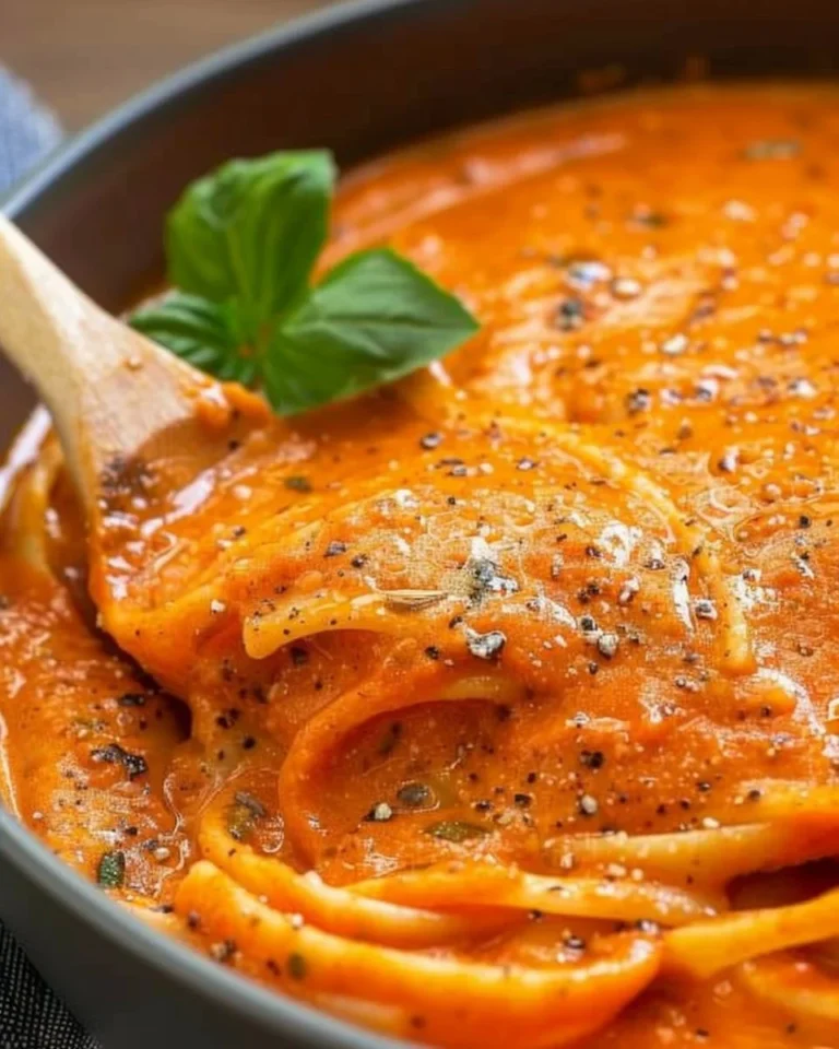 Creamy Italian roasted red pepper pasta sauce in a bowl with fresh herbs