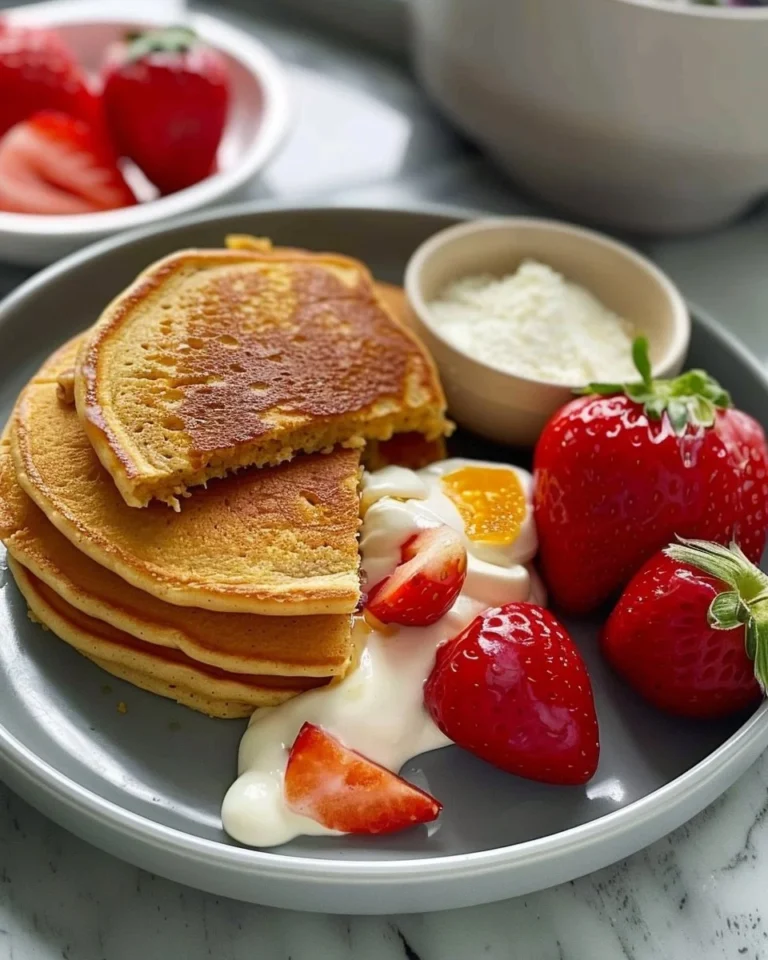 Fluffy creamy peanut butter yogurt pancakes stacked on a plate