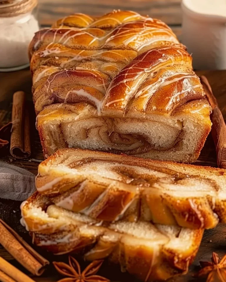 Freshly baked Dollywood Cinnamon Bread with a golden crust and cinnamon swirl.